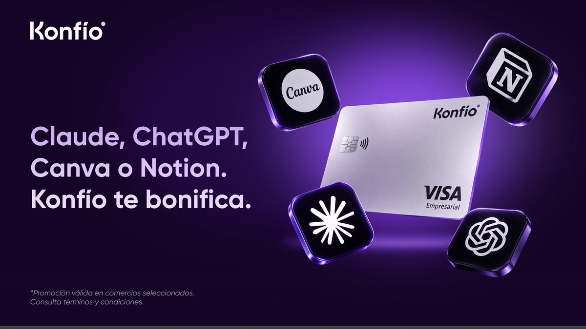 konfiomx's tweet photo. ¿Cuánto gastas al mes en Claude, ChatGPT, Canva o Notion? 
Ahora esas herramientas te te pueden bonificar dinero, no puntos. 

Paga con tu Tarjeta Konfío y recibe $1,000 de bonificación cada mes, durante 3 meses.  

Las herramientas que usas para crecer, ahora también te hacen ganar. 👉🏼 https://t.co/c16PMRgej4