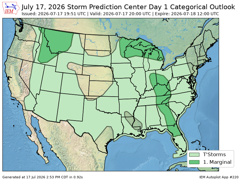 onlyiemwarnings's tweet photo. The Storm Prediction Center issues Day 1 Convective Outlook (Max Risk: Marginal) at Jul 17, 19:51z https://t.co/5KNzL11RLZ https://t.co/VC2i4Luhhb