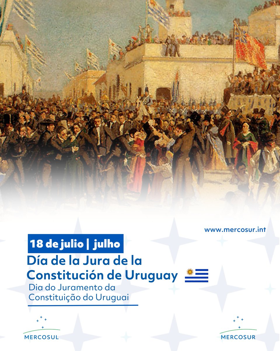 mercosur's tweet photo. [ES] Desde el #MERCOSUR saludamos al pueblo uruguayo 🇺🇾 en el aniversario del Día de la Jura de su Constitución.

📜Esta fecha forma parte de la historia y la identidad de Uruguay y de nuestra región. 

🤝Asimismo, reafirma los valores que fortalecen la democracia, el diálogo y la cooperación, pilares fundamentales del proceso de #IntegraciónRegional

[PT] Do #MERCOSUL, enviamos nossos cumprimentos ao povo uruguaio 🇺🇾 pelo aniversário do Dia da Promulgação de sua Constituição.

📜 Esta data faz parte da história e da identidade do Uruguai e da nossa região.

🤝 Além disso, reafirma os valores que fortalecem a democracia, o diálogo e a cooperação, pilares fundamentais do processo de #IntegraçãoRegional