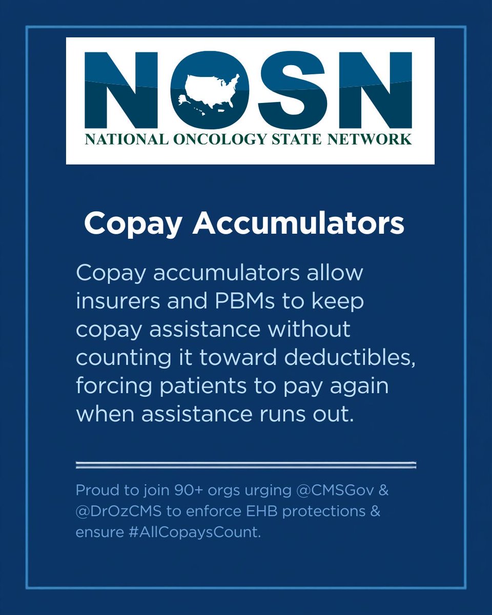 NOSNnetwork's tweet photo. Copay accumulators let insurers &amp; #PBMs keep your copay assistance without counting toward your deductible. When it runs out, you pay again. Proud to join 90+ orgs urging @CMSGov &amp; @DrOzCMS to enforce EHB protections &amp; ensure #AllCopaysCount. https://t.co/zzOjV3dLrf @CMSgovPress https://t.co/me36aOlc01