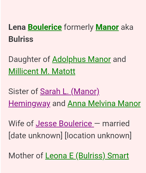 Jonah4_9_11's tweet photo. DELINA "LENA" MANOR #BOULERICE IS MY FATHER'S MOM'S AUNT....SARAH MANOR HEMINGWAY IS LENA'S SISTER & MY FATHER'S GRANDMOTHER....AND LENA MANOR BOULERICE MARRIED JESSE BOULERICE SR. FROM #MOOERSFORKS #NNY....π #ALTONA https://t.co/G1Z8QGKUuH