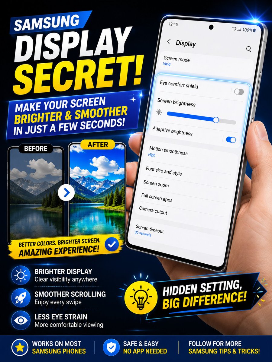 saifullahiu1778's tweet photo. ✨ Samsung Display Secret!
Make your screen look brighter and smoother in just a few seconds.
📱 Try this setting and tell me what changed on your phone! https://t.co/K7YyJ5IdKE