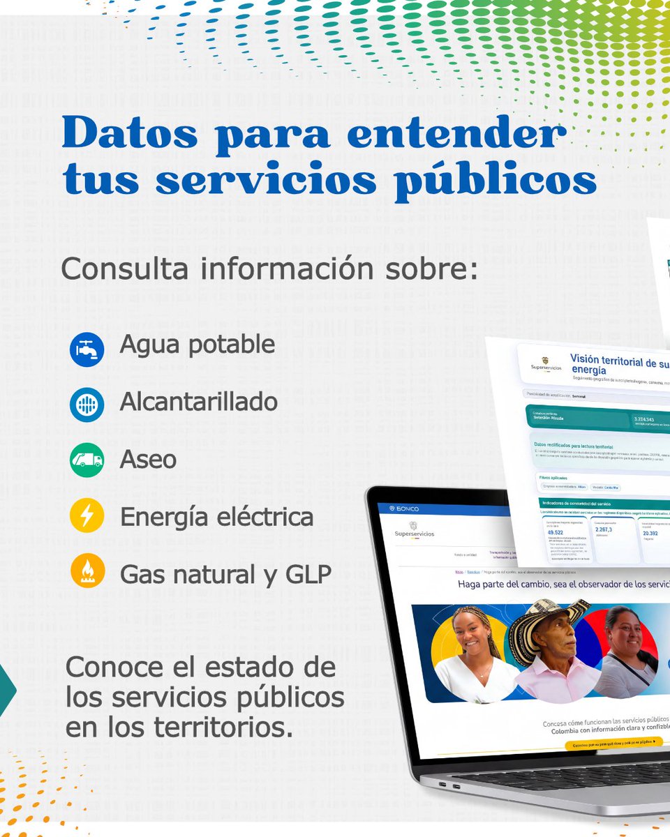 Superservicios's tweet photo. ¿Sabes cómo están los servicios públicos en tu municipio?

El Observatorio de Servicios Públicos reúne y analiza información sobre agua, alcantarillado, aseo, energía y gas para ayudarte a entender mejor la prestación de estos servicios en los territorios.

Mapas, gráficas, alertas e información territorial al alcance de ciudadanos, Vocales de Control, autoridades, academia, investigadores y periodistas.

Porque para participar y ejercer control social también es necesario contar con información.

Conoce el Observatorio en https://t.co/H8ekPB08Mh