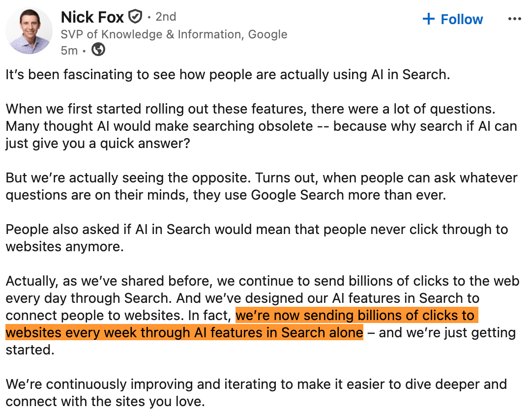 rustybrick's tweet photo. ICYMI: Google says AI Mode and AI Overviews send billions of clicks to websites each week but Google won't show us the data   https://t.co/vRDND4Lub7 https://t.co/yHazDK2tYY
