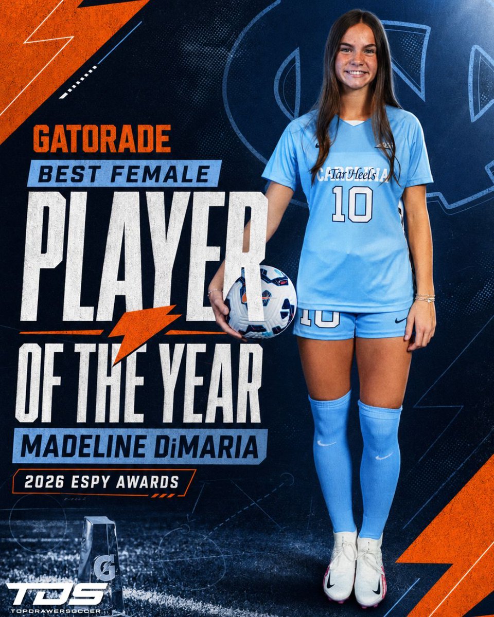 TopDrawerSoccer's tweet photo. Gatorade announced Madeline DiMaria as the Best Female Player of the Year at this week's ESPY awards!

In three seasons of high school soccer, she has scored 142 goals, to go with 65 assists 🤯

🔗: https://t.co/fFQUjB9tde 

🎉 Save 30% on a TDS Subscription w/ code ‘playoffs26’ https://t.co/bpG2sYjsbD