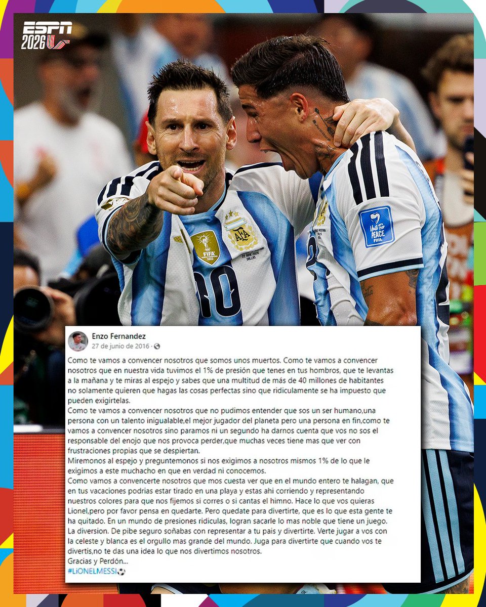 ESPNDeportes's tweet photo. Recordamos la carta que Enzo Fernández le escribió a Messi tras la final de Copa América perdida en 2016. 🥺

10 años después, jugarán juntos su segunda final de Copa del Mundo. 🔝 https://t.co/m3aaOhTOWS