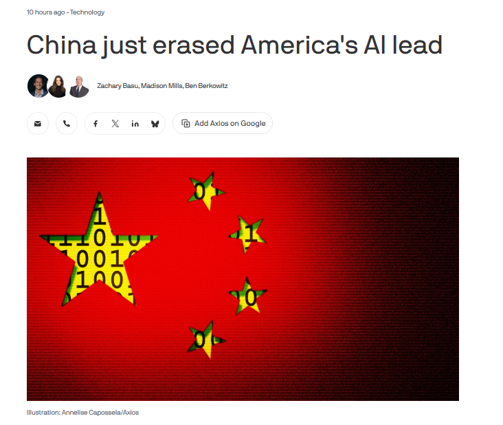 marco_obviously's tweet photo. axios says china "just erased" the us ai lead.

whether that's true or not, one thing is hard to ignore:

12 months ago, most people outside china couldn't name a single frontier lab besides deepseek.

now we're talking about kimi, qwen, minimax, https://t.co/bKRQoljFEb, stepfun, baichuan...

the conversation has changed.

competition is no longer hypothetical. it's here.