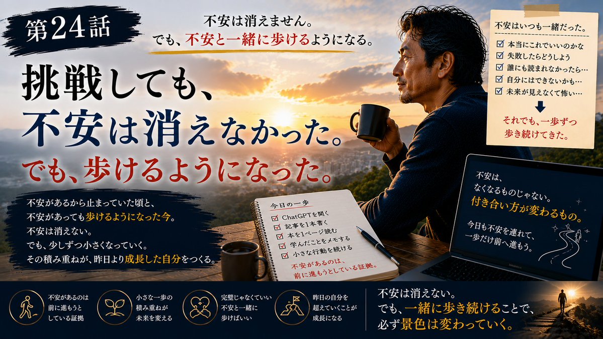 action2025ace's tweet photo. 不安は消えない。

でも、

一緒に歩けるようになる。

それが50代になって気づいたこと。

今でも不安はある。

それでも、一歩ずつ進む。

その積み重ねが、

人生の景色を変���てくれる。

第24話👇

https://t.co/Etol4O41YC https://t.co/IfMN9saOOF