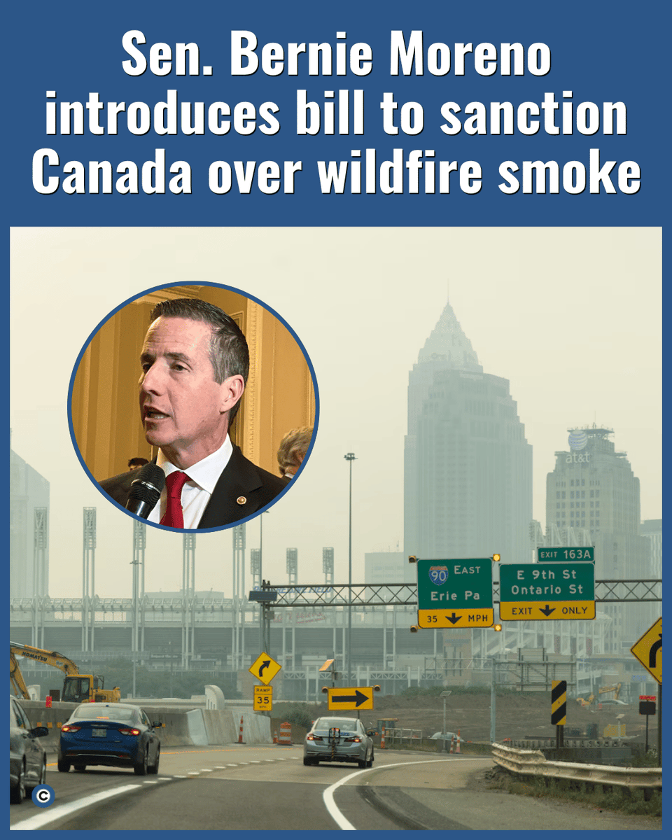 clevelanddotcom's tweet photo. 🔗: https://t.co/Ah7Dzp72EZ 

Sen. Bernie Moreno has unveiled legislation to sanction Canada over the wildfire smoke that blanketed Northeast Ohio this week. His proposed bill would revoke visas for some Canadian officials and impose new sanctions. https://t.co/qW1wl7QWnh