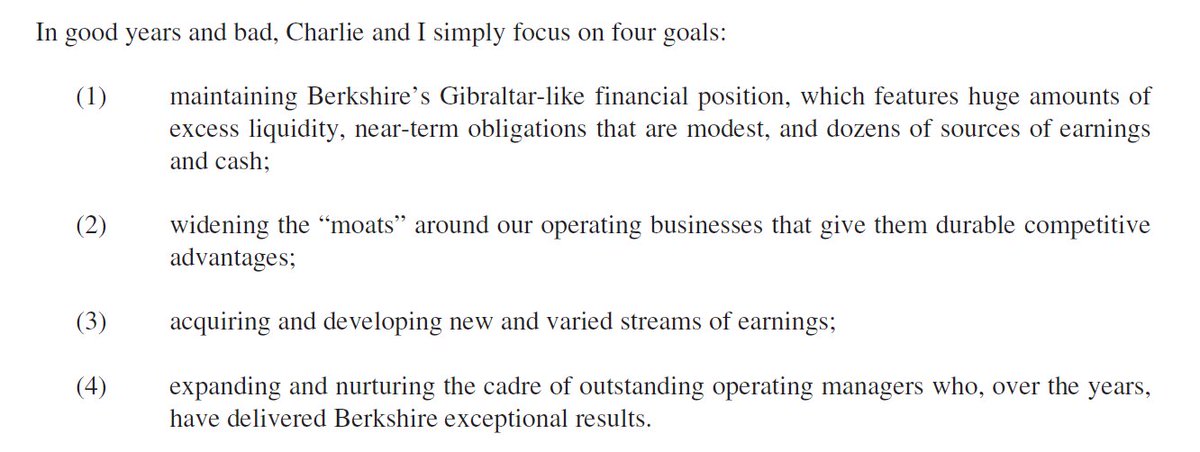 antonshoetan's tweet photo. In Berkshire Hathaway’s 2008 shareholder letter, Warren Buffett shared the four goals he and Charlie Munger focused on in good years and bad:

1. Maintain a strong financial position

2. Widen the competitive moats around existing businesses

3. Develop new and varied streams of earnings

4. Invest in outstanding operating leaders

What stands out is the consistency.

The environment may change, but the fundamentals of building a durable business remain the same: protect the downside, strengthen what makes you different, create new sources of growth, and develop great people.

A useful framework for evaluating where your time, capital, and attention are going.