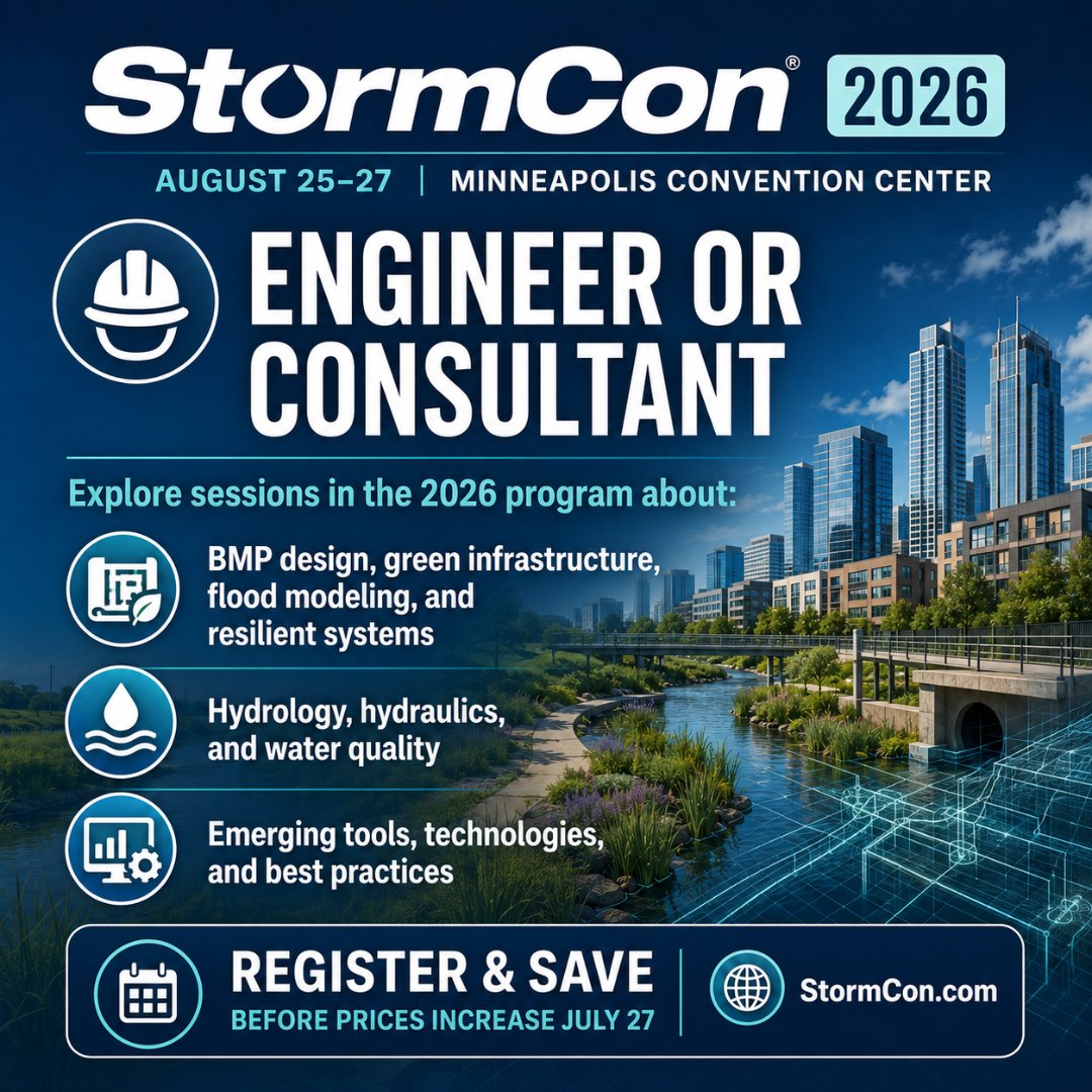 StormCon's tweet photo. Engineers &amp; consultants: build your stormwater knowledge at #StormCon 2026.

Register &amp; save before prices increase July 27: https://t.co/BE57JSHUv2

#Stormwater #Engineering #PDHCredits https://t.co/sKt6DHQ0sq