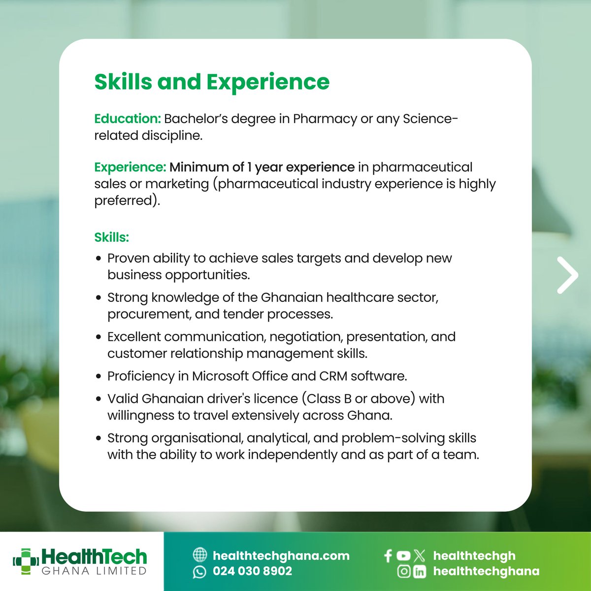 healthtechgh's tweet photo. Join our team as a Medical Representative.

We are seeking a motivated and results-oriented individual to promote our pharmaceutical products and build strong relationships with healthcare professionals across Ghana.

Check the flyer for requirements and application details. https://t.co/M9DQrbP3VF