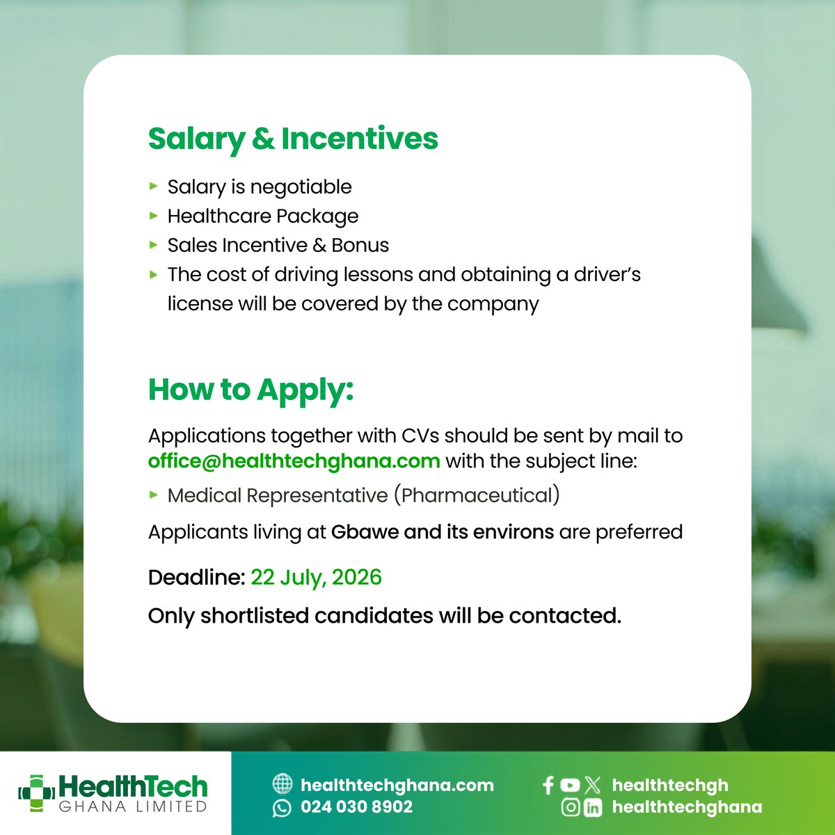 healthtechgh's tweet photo. Join our team as a Medical Representative.

We are seeking a motivated and results-oriented individual to promote our pharmaceutical products and build strong relationships with healthcare professionals across Ghana.

Check the flyer for requirements and application details. https://t.co/M9DQrbP3VF