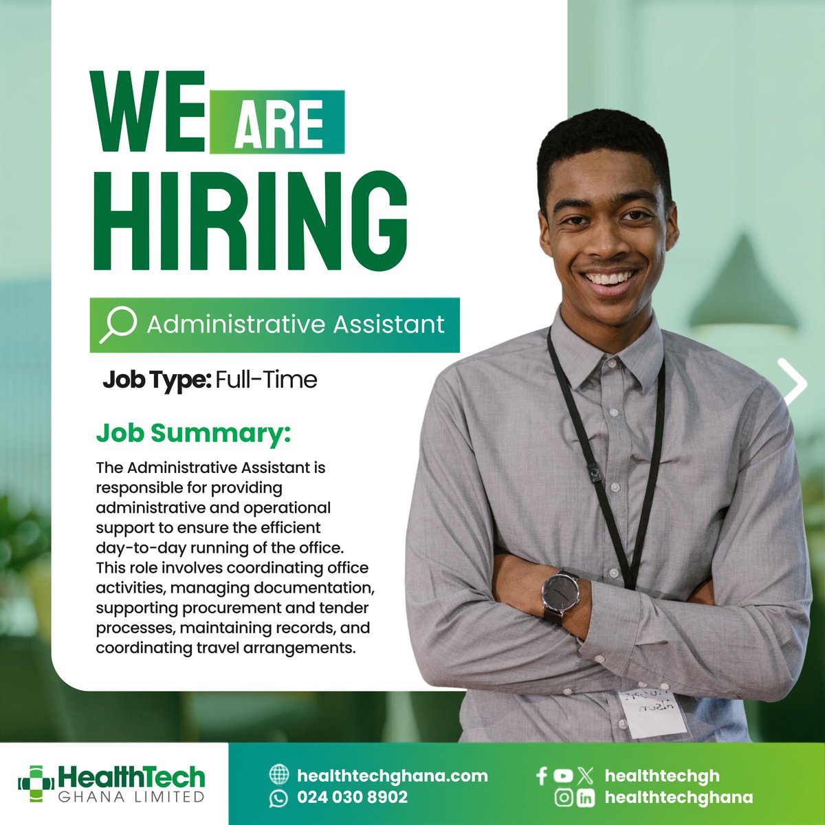 healthtechgh's tweet photo. Join our team as an Administrative Assistant.

We are seeking a proactive and organised individual to provide administrative and operational support at HealthTech Ghana Limited.

Check the flyer for requirements and application details. https://t.co/RRPih6WYK8