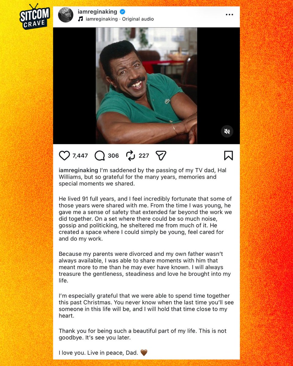 sitcomcrave's tweet photo. Regina king makes an emotional tribute to the late Hal Williams,who played her TV dad,Lester on "227" (1985)  

"Because my parents were divorced and my own father wasn’t always available, I was able to share moments with him that meant more to me than he may ever have known" https://t.co/5EEBjSoAed