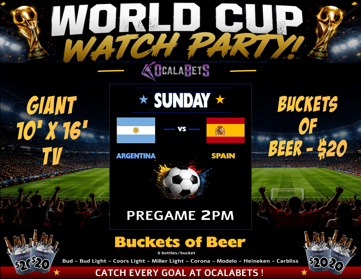 OcalaBets's tweet photo. World Cup excitement is here!

Join us this Sunday to watch Argentina take on Spain on our giant 10' x 16' screen!

Grab beer buckets for only $20  🍺⚽

#WorldCupWatchParty #ArgentinaVsSpain #BeerAndSoccer https://t.co/aRE8YUUdbM