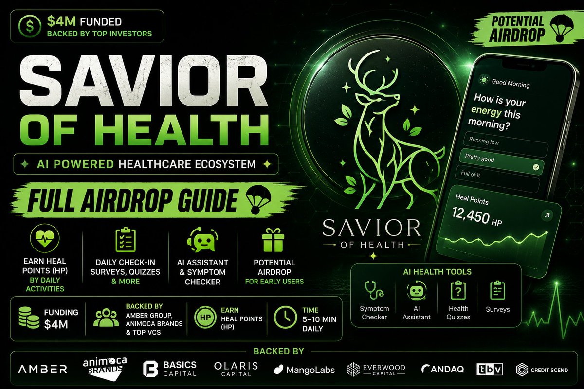 9Xvenom's tweet photo. ⚡ SAVIOR OF HEALTH Full Airdrop Guide 🪂

@SaviorOfHealth_ is building an AI-powered healthcare ecosystem where users earn Heal Points (HP) by completing wellness activities, surveys, quizzes, and interacting with AI tools.

The team recently announced a $4M funding round, making it one of the most interesting AI × Web3 projects to watch.

📌 Here's How To Join

1. Join The Platform

→ Visit: https://t.co/uL5X6ls4JH
→ Connect your wallet
→ Create your account

2. Complete Daily Check-in

→ Open Daily Check-in
→ Submit your health status
└ Earn Heal Points every day

3. Complete Surveys

→ Finish available health surveys
→ Answer honestly
└ Earn additional HP

4. Use AI Features

→ Try the AI Symptom Checker
→ Chat with the AI Assistant
→ Explore healthcare tools

5. Finish Quizzes

→ Complete health quizzes
→ Learn while earning HP

6. Keep Farming Daily

→ Return every day
→ Never miss Daily Check-in
→ Complete newly released tasks
└ Consistency = More Heal Points

There is currently NO official confirmation of a token or airdrop.

Heal Points are ecosystem points, but early participation could be valuable if future rewards are announced.

📌 That's all for now!!

Follow @9Xvenom for more Airdrop Guides & Early Alpha. 💚