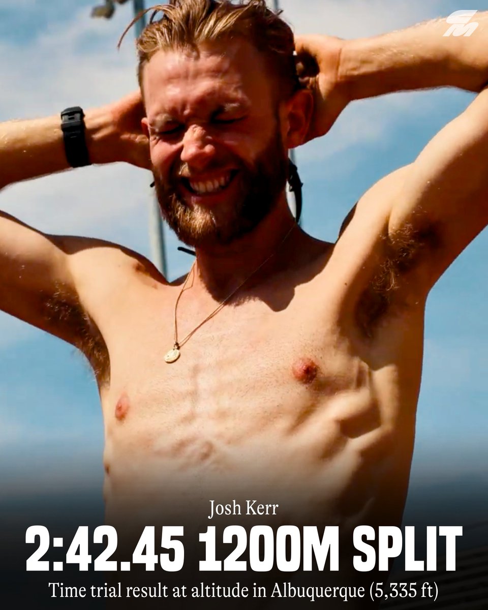 CitiusMag's tweet photo. 🇬🇧Josh Kerr has revealed his 1200m time trial result in a workout leading up to his mile world record attempt in tomorrow's London Diamond League.

He ran 2:42.45 for 1200m at altitude (5,335 ft) in Albuquerque, New Mexico while paced by Brannon Kidder, who will also be pacing him in London.

⏱️ Kerr’s splits were:
200m — 27.35
400m — 55.72
600m — 1:23.46
800m — 1:50.57
1000m — 2:16.70
1200m — 2:42.45

He closed the final 400m in 51.88.

During his world record run, 🇲🇦Hicham El Guerrouj hit the bell in about 2:47.9 with one lap to go (1209m).