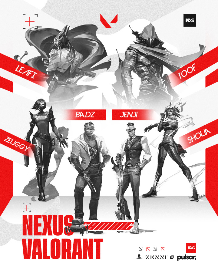 NexusValorantGG's tweet photo. Please welcome our new and improve @VALORANT team!

1⃣ @BADZ484 (IGL)
2⃣ @jenjifps 
3⃣ @zzeuggy 
4⃣ @shoua101 
5⃣ Toof

6⃣ Leafi

Graphic: @PixlHQ 

#Valorant #NexusUP https://t.co/A8VZik7Y3m