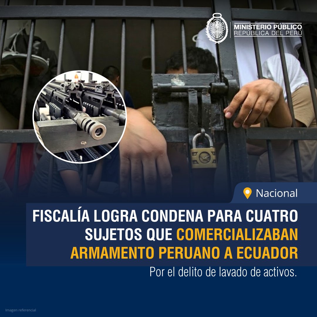 FiscaliaPeru's tweet photo. 🚨 #FiscalíaLogra | Segunda Fiscalía Supraprovincial Corporativa Especializada en Delitos de Lavado de Activos (Sexto Despacho) consiguió que se condene a cuatro personas que integraron una red que acopió armamento y municiones del Ejército Peruano para su comercialización a Ecuador y posterior abastecimiento a las Fuerzas Armadas Revolucionarias de Colombia (FARC). Las penas oscilan entre los seis y nueve años de prisión efectiva.

🗞️ https://t.co/ipFC6Ehsra