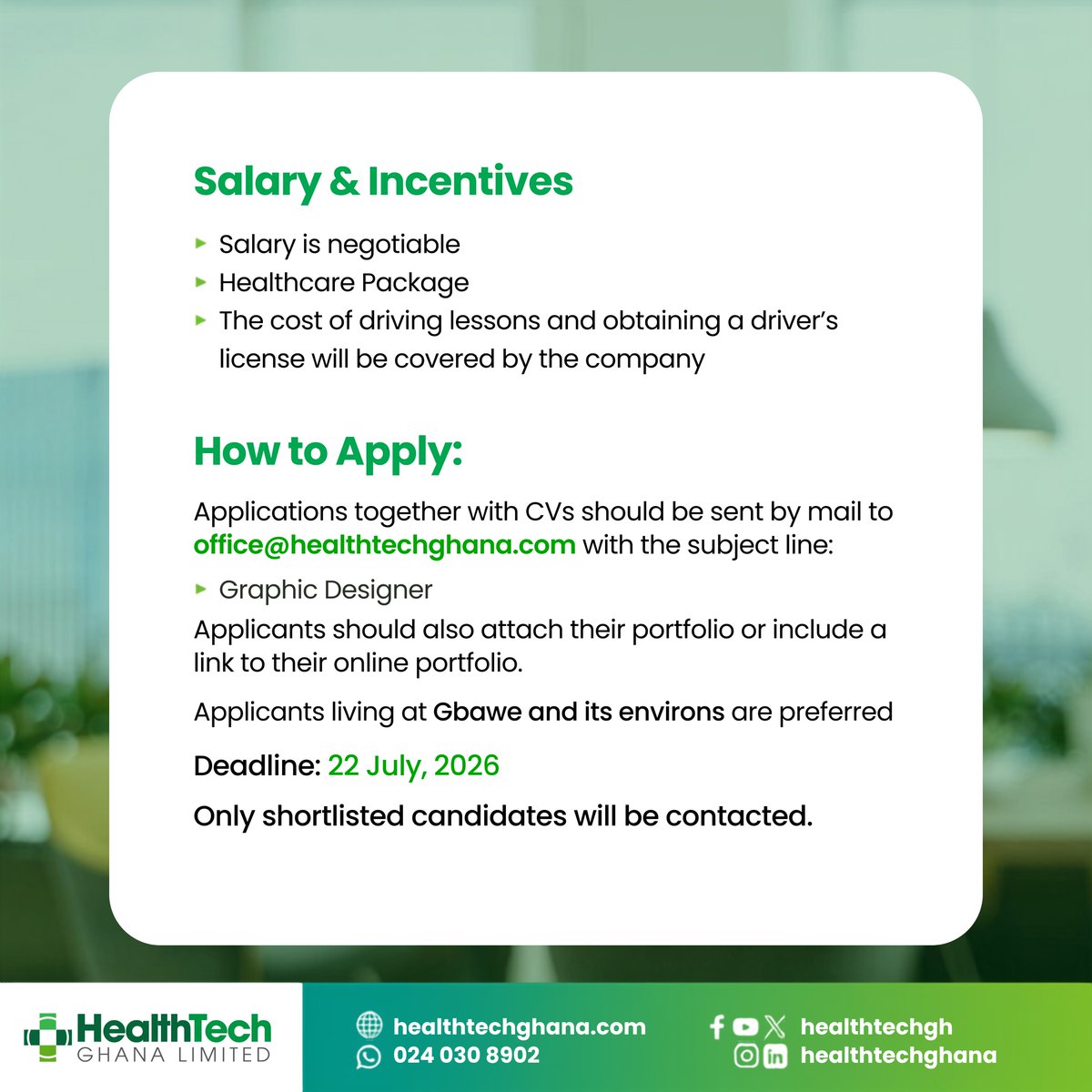 healthtechgh's tweet photo. Join our team as a Graphic Designer.

We are seeking a creative and detail-oriented individual to develop impactful designs that support our brand, marketing, and communication objectives at HealthTech Ghana Limited. 

Check the flyer for requirements and application details. https://t.co/ArDPoQWPvo
