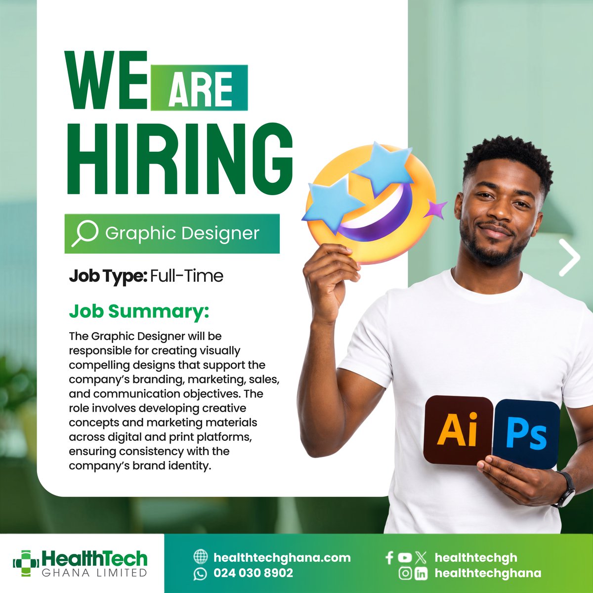 healthtechgh's tweet photo. Join our team as a Graphic Designer.

We are seeking a creative and detail-oriented individual to develop impactful designs that support our brand, marketing, and communication objectives at HealthTech Ghana Limited. 

Check the flyer for requirements and application details. https://t.co/ArDPoQWPvo