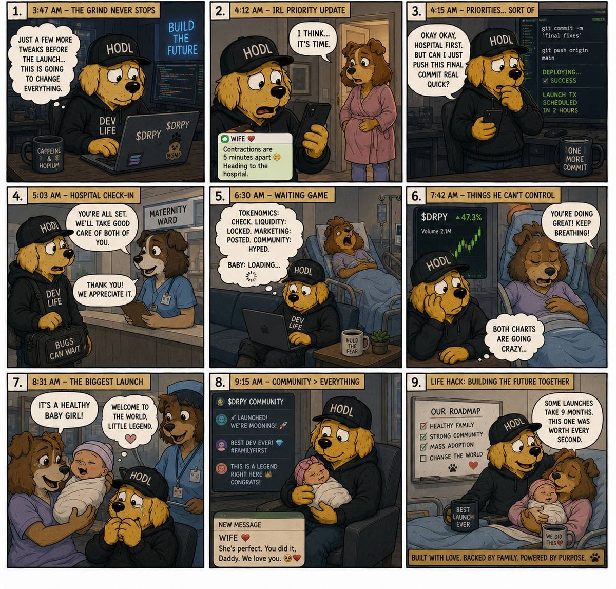 DrippyRewards's tweet photo. The Drippy Chronicles: The Hardest Launch. He tried to ship a token while his wife went into labor. It ends better than it starts. Comic by Sinatra. 🐕 $DRPY https://t.co/gSnKZgLIbQ