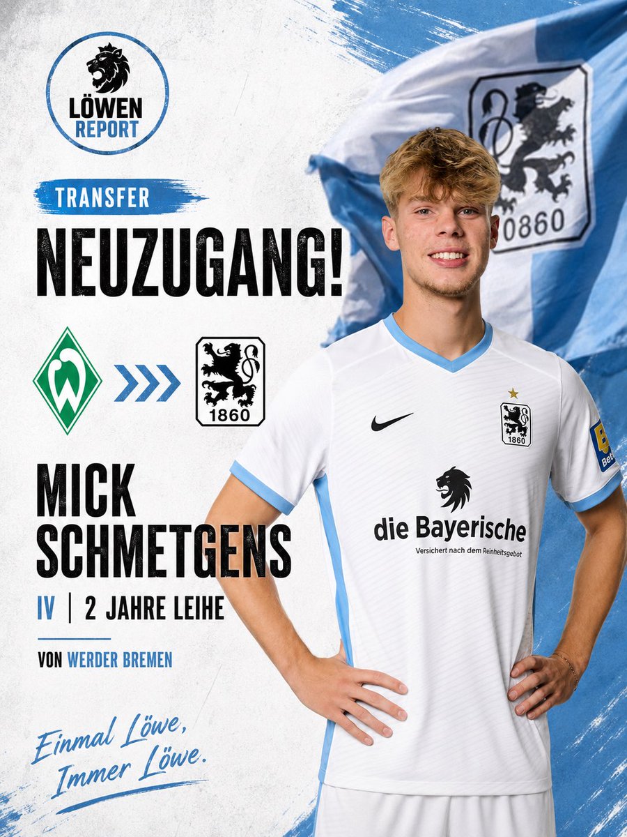 report1860's tweet photo. 🚨 OFFIZIELL! 🦁

Mick Schmetgens ist ein Löwe! 💙

Der junge Innenverteidiger wechselt für zwei Jahre auf Leihbasis von Werder Bremen zum TSV 1860 München. Rüdiger Rammel bekommt damit ein spannendes Defensivtalent für seinen Neuaufbau.

Willkommen in Giesing, Mick! 👊
#rammel1860