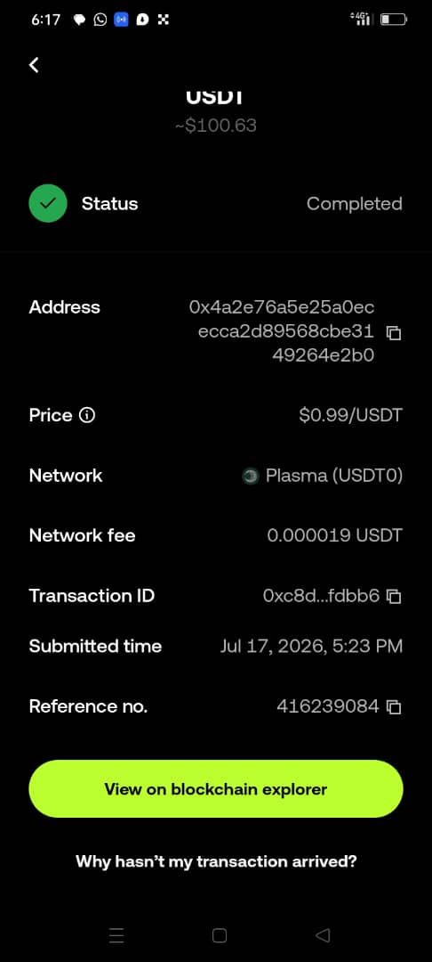 kundiela's tweet photo. Dear @cex_io Support, I'm kindly asking for your assistance. I accidentally withdrew 100.71 USDT from my OKX Wallet to my CEX IO deposit address via the Plasma Network, which I later realized is not supported by CEX IO. I fully accept responsibility for my mistake and understand your recovery policy. However, I'm hoping you could review my case and consider a one-time exception if recovery is technically possible. This amount means a lot to me, and I would sincerely appreciate any help. Thank you for your time and consideration. 🙏

Transaction Hash: 0xc8dece7a92d3f2155e4eed2117f358099a325d38c8caef10c49946a4788fdbb6