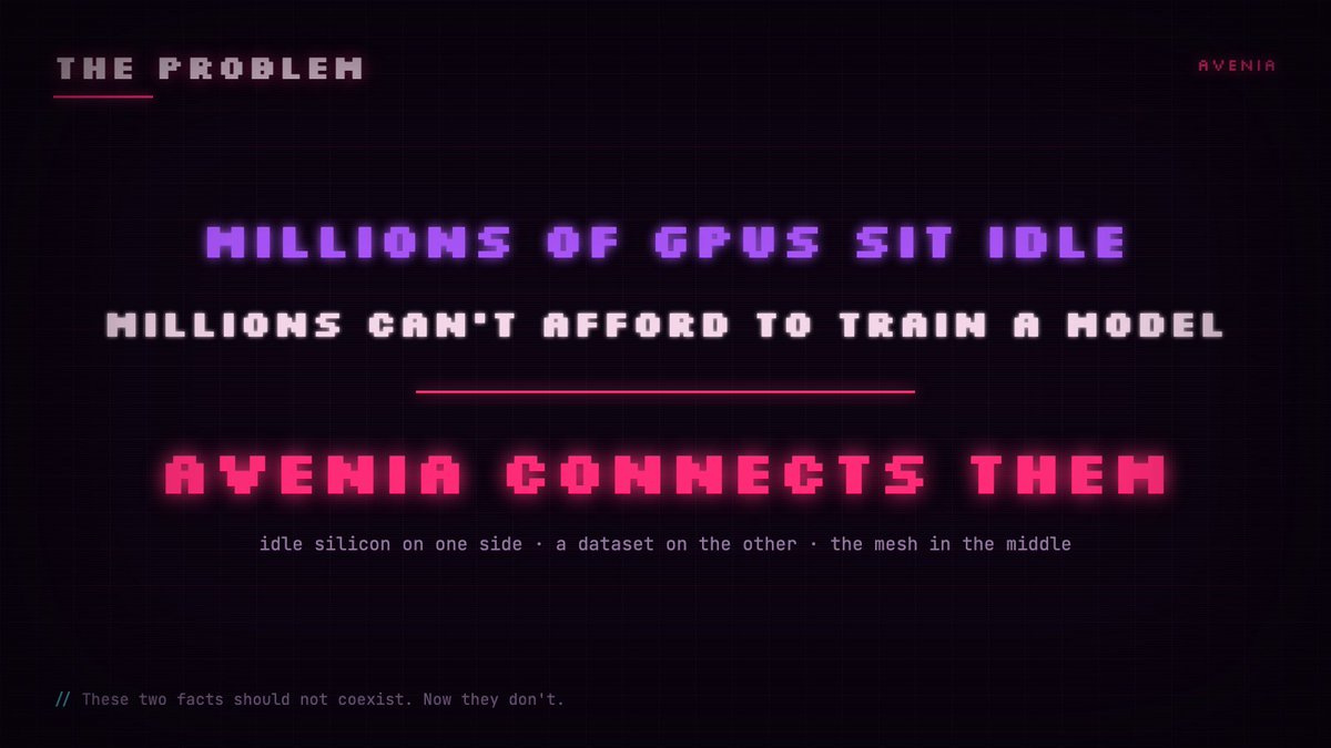 aveniacompute's tweet photo. Millions of GPUs sit idle. Millions cannot afford to train a model.

These two facts should not coexist. Avenia connects them. https://t.co/3BDdkQLw3X