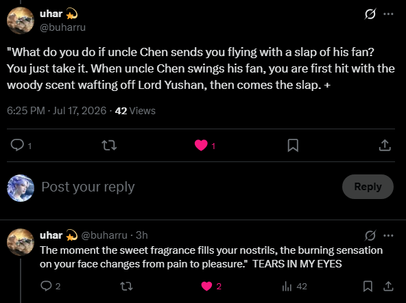 zhiyuens's tweet photo. you guys have no idea how insane the wwm devs are about chen zixi, the way he constantly gets described by them in announcement posts etc like they want this man BAD 😭

"Lord Yushan is confident as he is pretty with a refined appearance. When facing someone in battle, his every move displays an elegant ease. His steps seem neither fast nor slow, yet he strikes in the blink of an eye. He is swift as a swallow crossing willow branches, and soft as the clouds drifting through the Jade Mountain"

thanks to @buharru for the translations 🫶
