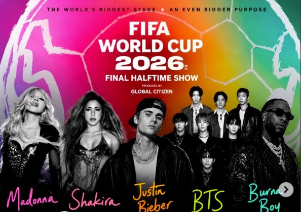 btschartsxdaily's tweet photo. [INFO] SHAKIRA, BURNA BOY, COLDPLAY, GUSTAVO DUDAMEL has already started rehearsals for the FIFA Halftime show! 👀

- #BTS is expected to rehearsal on July 19th (the same day of the show)! 
- I don't know if Bieber or Madonna have rehearsed yet, since I'm only posting official confirmation from them directly in their social medias or news.
#BTSxWorldCup2026