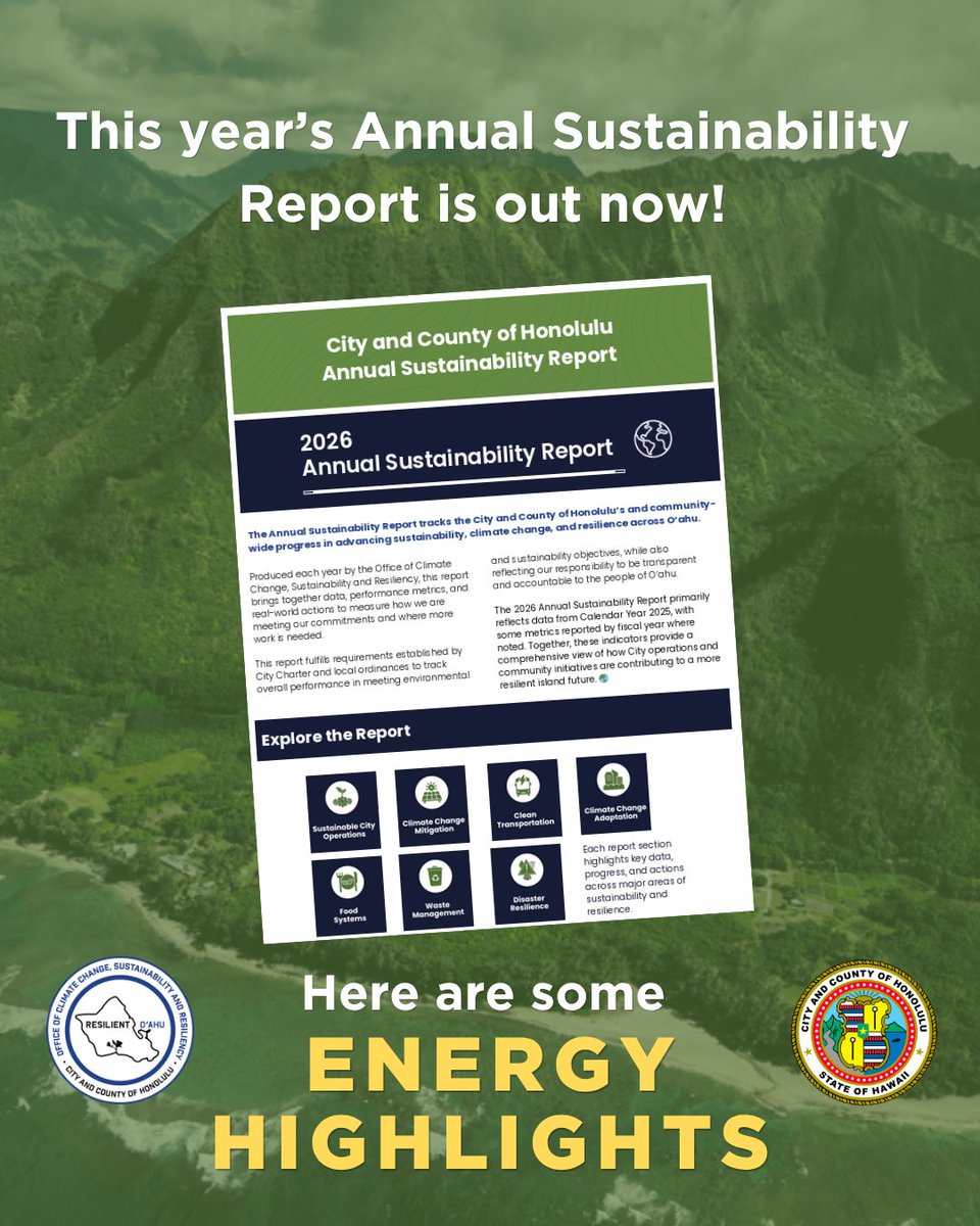 ResilientOAHU's tweet photo. Building a more resilient and sustainable Oʻahu is a priority. 

These milestones reflect the City's ongoing commitment to strengthening energy resilience and investing in a more sustainable future for Hawaiʻi.

Read the 2026 Annual Sustainability Report: https://t.co/E7wvVSvf7E https://t.co/f64kIrroQi