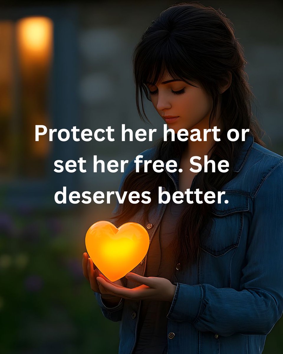 MatthewCoast's tweet photo. Protect her heart or set her free. She deserves better.

If you can't be faithful, let her go.
If you can't be consistent, let her go.
If you can't be honest, let her go.
If you can't be all in, let her go.

Don't keep her around just because she's convenient.

Don't string her along while you figure out what you want.
Don't keep her as an option while you explore others.
Don't use her loyalty as a safety net while you play games.
Don't waste her time because you're afraid of being alone.

She's not a placeholder until something better comes along.

She's not a backup plan.
She's not practice for the woman you'll eventually take seriously.
She's not entertainment while you wait for someone else.
She's not therapy for your unhealed trauma.

If you're not ready to love her right, set her free.

Let her find someone who is ready.
Let her find someone who won't take her for granted.
Let her find someone who sees her value and protects it.
Let her find someone who chooses her every single day.

Protecting her heart means being intentional.

It means communicating clearly about where you stand.
It means not making promises you won't keep.
It means respecting her enough to tell the truth.
It means ending things if you can't give her what she deserves.

Protecting her heart means being consistent.

Your words match your actions.
Your effort doesn't disappear after you've won her over.
Your love doesn't fluctuate based on your mood.
Your commitment doesn't waiver when things get hard.

Protecting her heart means being faithful.

You're not entertaining other women.
You're not keeping your options open.
You're not doing things you'd have to hide.
You're honoring her trust, not exploiting it.

Protecting her heart means choosing her, fully.

Not just when it's easy or convenient.
Not just when she's doing everything right.
Not just when you're getting what you want.
But every day, in every way, through everything.

She's not asking for perfection.

She knows you'll make mistakes.
She knows you'll have bad days.
She knows relationships require work.

But she deserves your best effort.

She deserves honesty, even when it's hard.
She deserves loyalty, even when it's tested.
She deserves respect, even in conflict.
She deserves someone who's serious about building with her.

If you can't give her that, set her free.

Don't damage her heart because you're too selfish to let go.
Don't break her trust because you want to have your cake and eat it too.
Don't waste her years because you're comfortable.
Don't dim her light because you're not ready to appreciate it.

She deserves better than half-hearted love.
She deserves better than inconsistent effort.
She deserves better than broken promises.

Protect her heart or set her free.
It's that simple.
