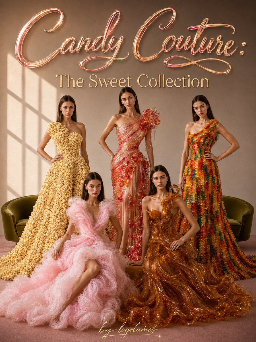 Logolumos's tweet photo. Candy Couture: The Sweet Collection 💫
Fashion meets confectionery in a whimsical haute couture collection where every look is inspired by iconic sweets. From airy cotton candy and glossy caramel to playful lollipops, popcorn, and colorful gummy bears, each outfit transforms delicious treats into bold, wearable art.
This collection celebrates creativity, craftsmanship, and imagination, proving that fashion can be both elegant and delightfully unexpected.
Created entirely with ImagineArt Fashion Studio.

#ImagineArtxFashion 

@imagineart_creo @ImagineArt_X

#ImagineArtFashionChallenge