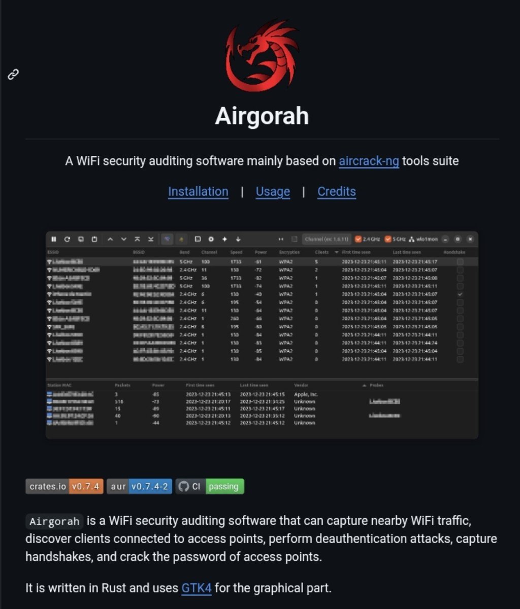 UCybersX's tweet photo. 🔥  Airgorah
هي اداة اختبار اختراق WIFI والشبكات اللاسلكية مبنية على aircrack-ng مكتوبة بلغة Rust https://t.co/MnEX7uXu2H