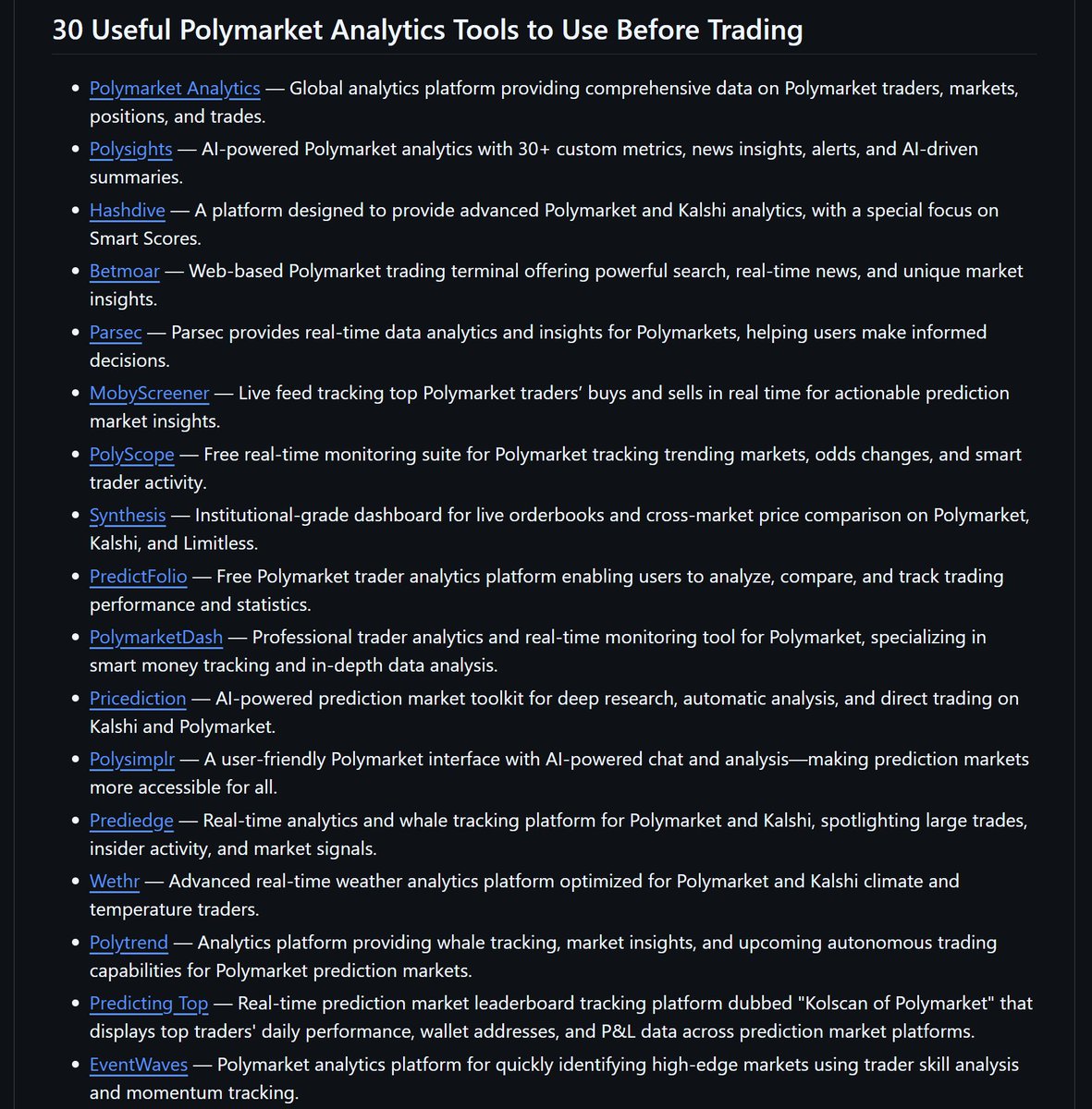 recogard's tweet photo. I found 8 free GitHub repos for detailed analysis of any market on Polymarket…

I always use all these tools to get a clearer picture before trading.

Each tool comes with a detailed step by step setup and usage guide in English:

1. A free backtesting simulator that lets you test your own ideas and strategies on real historical markets to see your potential pnl, win rate and all possible risks.

GitHub: https://t.co/fmzzTgXAUl

2. This is the largest Polymarket dataset with over 36GB of real trading data based on more than 72 million trades. 

Analyzed by a Coinbase developer.

It works perfectly with the 1st tool, allowing you to run the backtest simulator with this dataset. 

GitHub: https://t.co/qkoF6TyjJQ

3. A bot that analyzes the real trading behavior of any Polymarket trader. 

It finds repeated patterns, shows which strategies he uses and how you can adapt them to your own trading.

GitHub: https://t.co/SzdjHtASLt

4. This tool lets you search for detailed information and statistics about any historical market or trader across different prediction market platforms.

GitHub: https://t.co/Z8I3z9sh74

5. A trading dashboard where multiple AI agents analyze a selected market from different angles, including news, recent price movement, order book and all possible risks, helping you make the best trading decision.

GitHub: https://t.co/02iWujLbxe

6. This tool analyzes everything that happened across the web over the last 30 days to find useful patterns, trends and connections around a provided topic.

GitHub: https://t.co/yETdyU8jT7

7. An autonomous research agent that can investigate any topic and generate a detailed report.

GitHub: https://t.co/aGYGJ2mAYq

8. A huge collection of 35+ free analytics dashboards, tools and services for prediction markets. 

GitHub: https://t.co/FWiv9qweCn