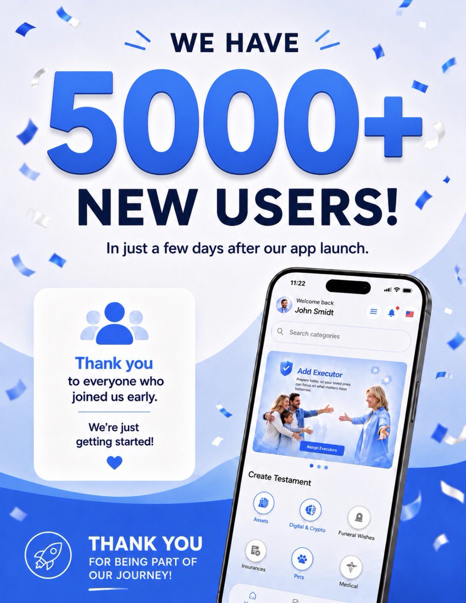 LegacyKeeperApp's tweet photo. 🎉 We’ve reached 5000+ users just days after launch! Thank you for your incredible support. ❤️
Haven’t downloaded the app yet? Get started today! 📲
https://t.co/HbCKC0BwRU
#4000Users #AppLaunch #Startup #DigitalLegacy #EstatePlanning #Tech #Lkt #legacykeeper #app #googleplay https://t.co/zkWjSHvpAV