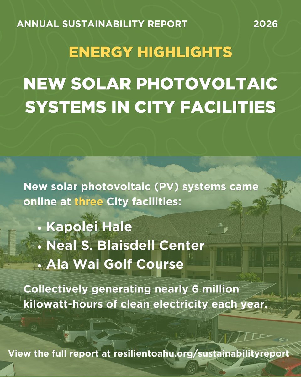 ResilientOAHU's tweet photo. Building a more resilient and sustainable Oʻahu is a priority. 

These milestones reflect the City's ongoing commitment to strengthening energy resilience and investing in a more sustainable future for Hawaiʻi.

Read the 2026 Annual Sustainability Report: https://t.co/E7wvVSvf7E https://t.co/f64kIrroQi