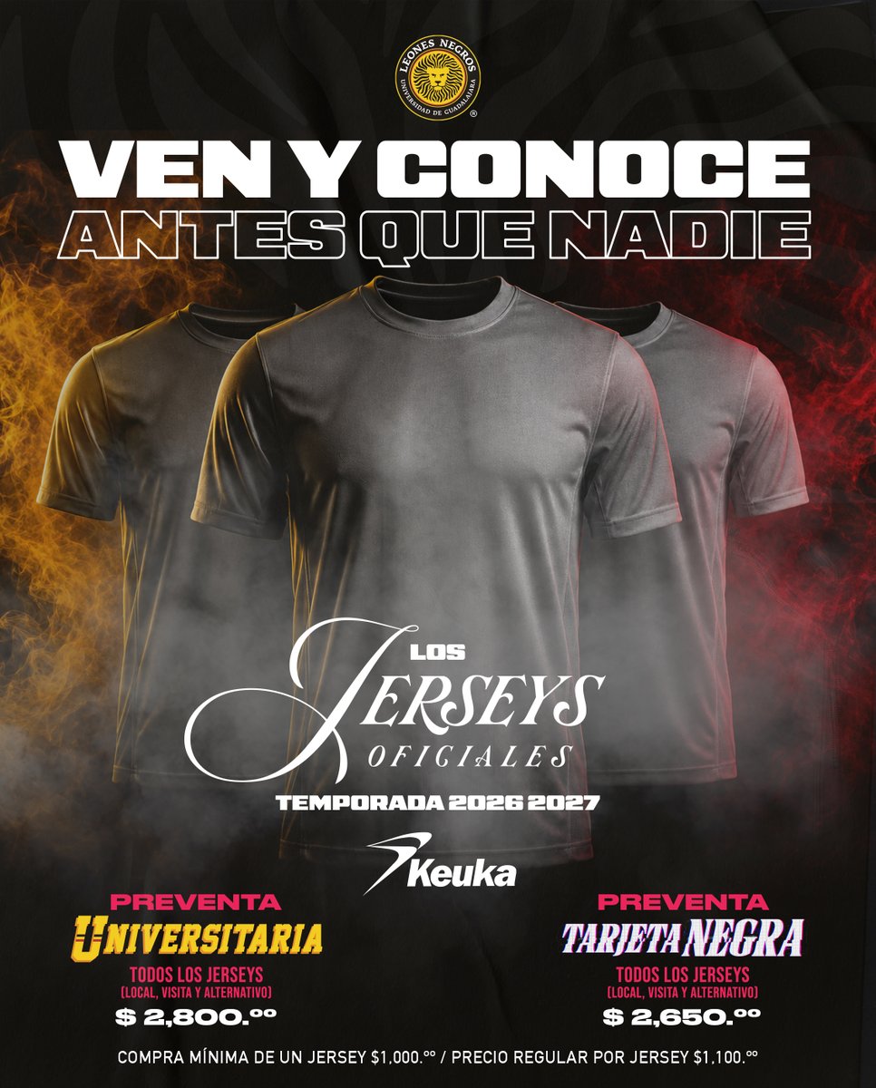 LeonesNegrosCF's tweet photo. 🤩 @Keukamx invita a toda La Manada a la 🇧🇪PREVENTA UNIVERSITARIA🇧🇪 a conocer y adquirir los Jerseys 26-27 antes que nadie a un PRECIO ESPECIAL

 MARTES de ⏰10AM a 5PM
📍 Casa Vallarta

La compra mínima de un jersey te da acceso 🎟️
Habrá sorteos y 🎁 de nuestro patrocinador.🎉 https://t.co/qmk4EOz9Bv