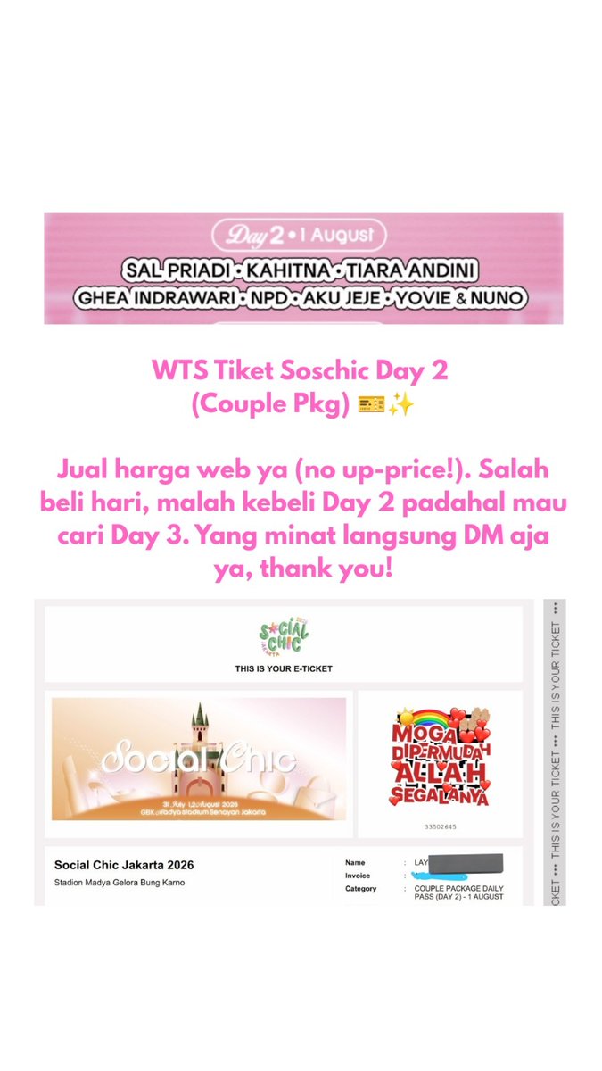 befriendswithm3's tweet photo. Haloo guys! 
Aku mau juga tiket couple package Social Chic day 2 (Sabtu, 1 Agustus 2026) dengan harga website (termasuk pajak dll). Boleh nego tapi jangan sadizzzzz #wts #wtb #socialchic #salpriadi #kahitna #tiaraandini #gheaindrawari #npd #akujeje #yovieandnuno https://t.co/I12tGzatNO