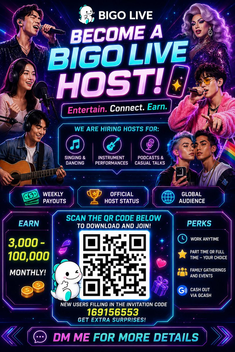 youngjay0918's tweet photo. )

🎤 Become a #BigoLive Host!
💰 Earn ₱3,000–₱100,000+/month
✅ Weekly payouts
✅ Flexible schedule
✅ Part-time or full-time
✅ Cash out via GCash
🎁 New users: Use invitation code 169156553 for extra surprises!
📲DM me for details!
#LiveStreaming #EarnOnline #SideHustle https://t.co/GD6fuYzIEI