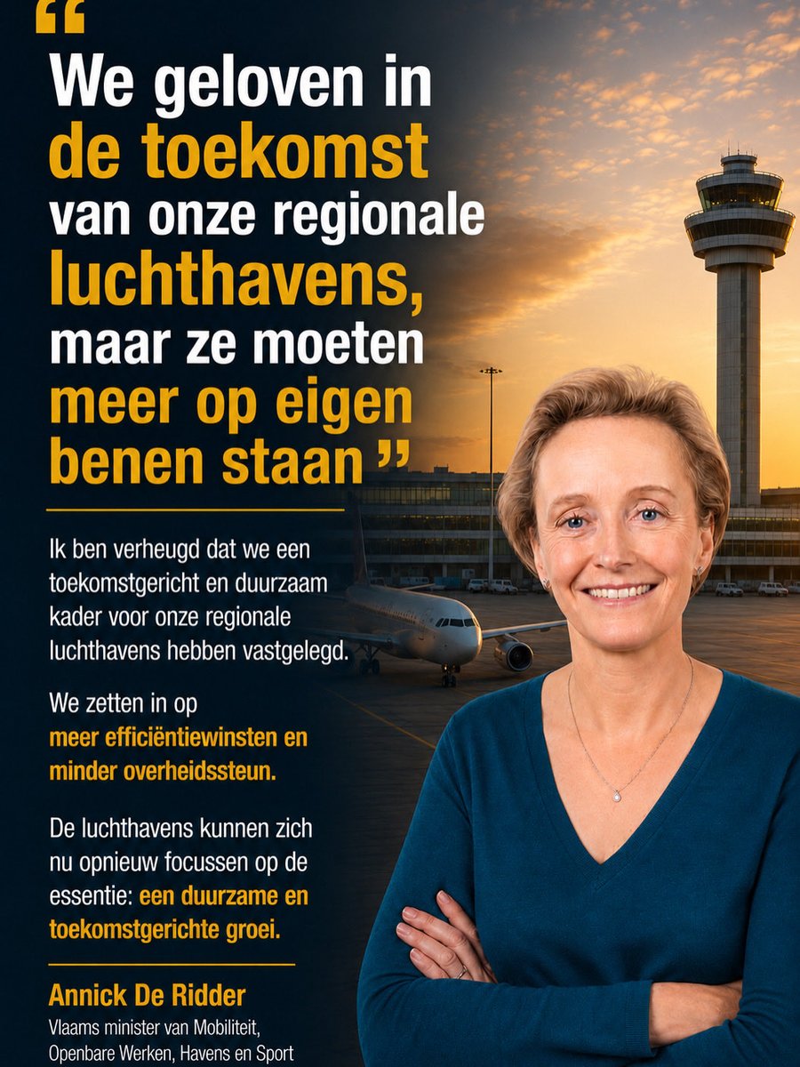 AnnickDeRidder's tweet photo. De Vlaamse Regering gelooft in de meerwaarde van de regionale luchthavens maar wil dat de luchthavens minder afhankelijk worden van werkingsmiddelen en meer op eigen benen staan. Vlaanderen heeft daarvoor het operationele kader waarbinnen de luchthavens opereren aangepast en aanpassingen doorgevoerd aan de concessie- en subsidieovereenkomsten. 

Annick De Ridder, Vlaams minister van Mobiliteit en Openbare Werken: “Ik ben verheugd dat we een toekomstgericht en duurzaam kader voor onze regionale luchthavens hebben vastgelegd. We verhogen de samenwerkingen tussen de vier Vlaamse luchthavens en zetten in op efficiëntiewinsten en minder werkingsmiddelen. De luchthavens kunnen zich nu opnieuw focussen op de essentie: een duurzame en toekomstgerichte groei.”