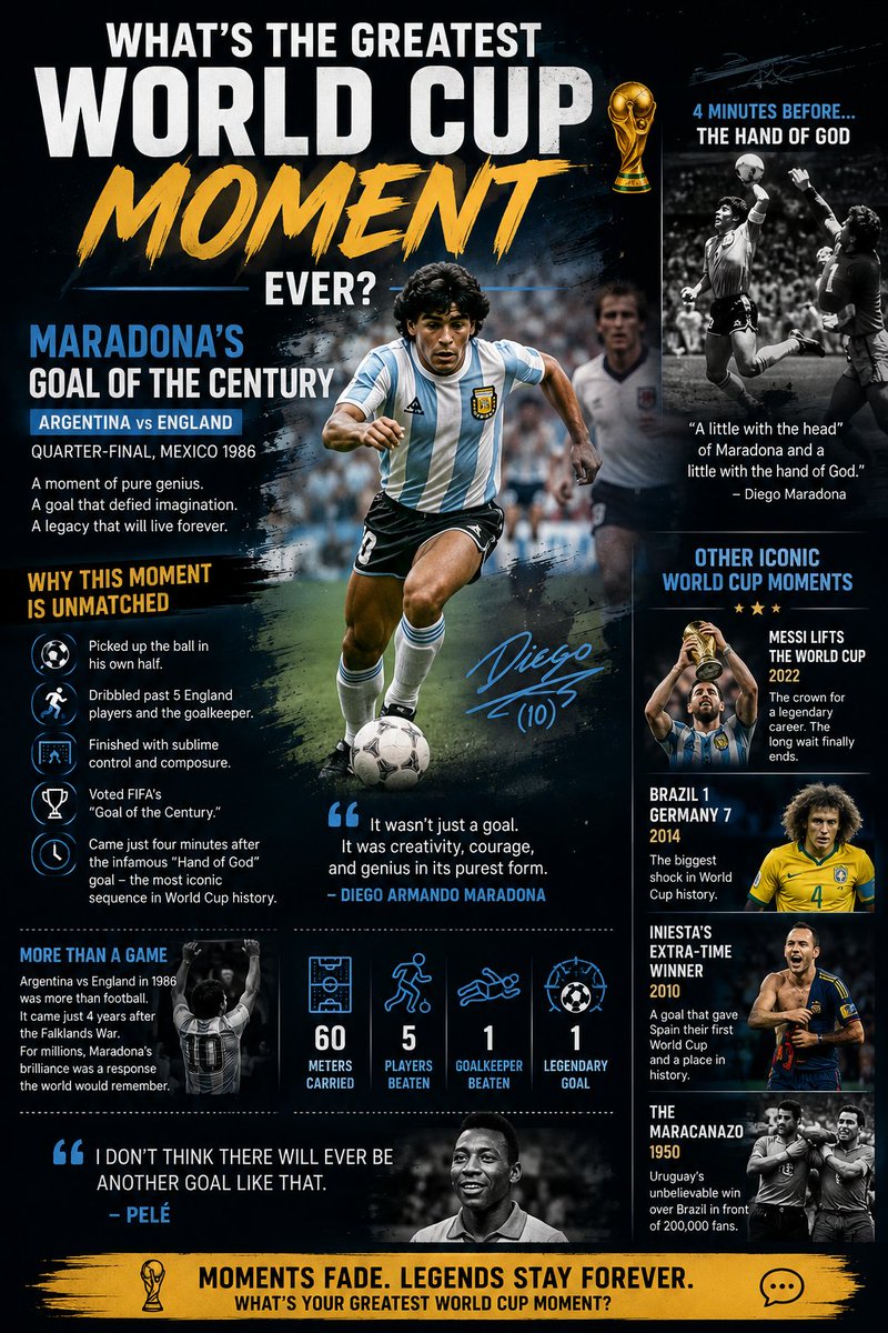 mahrab2001's tweet photo. What's the greatest World Cup moment ever?

For me, it's still Diego Maradona's "Goal of the Century" against England in 1986.

Here's why it remains unmatched:

• Picked up the ball inside his own half.
• Dribbled past five outfield players and the goalkeeper.
• Scored one of the most technically brilliant goals ever seen on a football pitch.
• Voted FIFA's "Goal of the Century."
• It came just four minutes after the infamous "Hand of God" goal, making it the most iconic sequence in World Cup history.

The match carried enormous emotional weight as well. Coming just four years after the Falklands War, Argentina vs England was more than a football game for many supporters. Maradona responded with two goals that represented two completely different sides of football: controversy and pure genius.

Nearly four decades later, defenders are still studying the run, coaches still use it as an example of individual brilliance, and fans still debate whether any World Cup moment has ever surpassed it.

Some will say Messi lifting the World Cup in 2022 is the greatest moment. Others will choose Brazil's 7-1 collapse in 2014 or Iniesta's winner in 2010.

But when football history asks for one unforgettable World Cup moment, Maradona's run in Mexico '86 is still the benchmark.