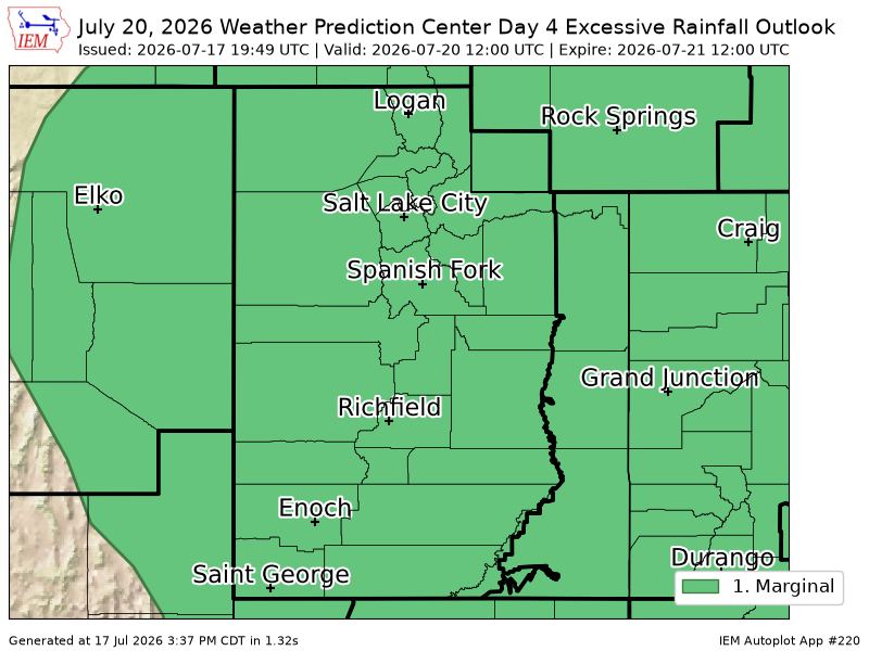 AutomaticWX's tweet photo. WPC issues Day 4 Marginal Risk Excessive Rainfall Outlook at Jul 17, 19:49z for SLC https://t.co/rZWCaEq7DW https://t.co/9zjdetDeih