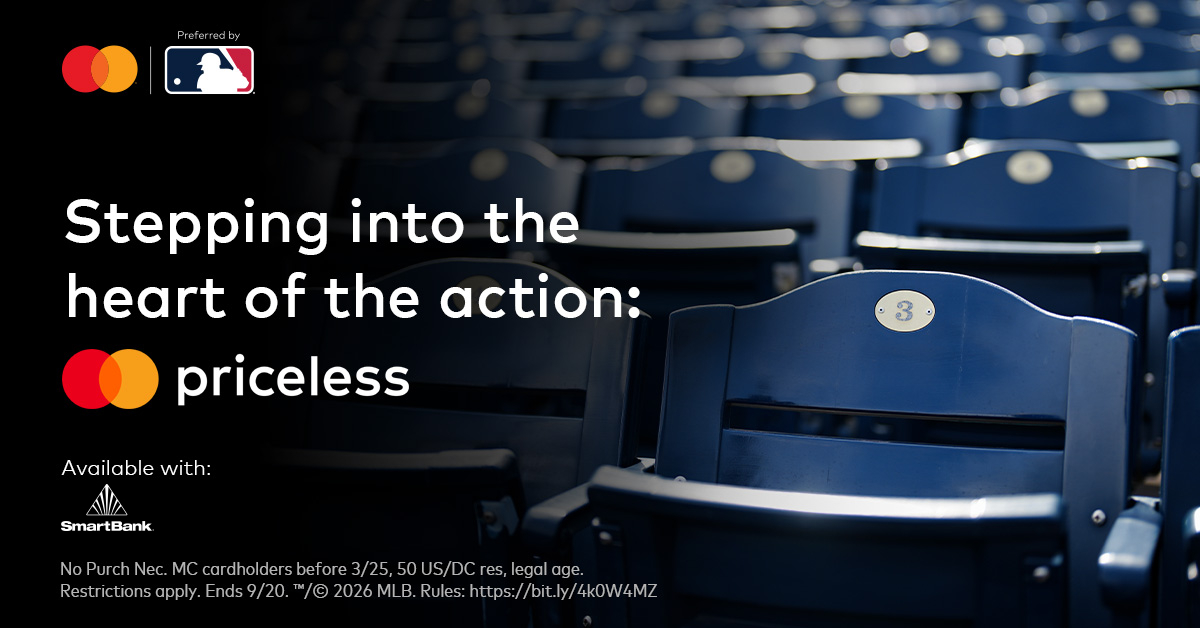 SmartBank's tweet photo. Enter for your chance to win 2 tickets to a Postseason home game or score MLB gear, compliments of Mastercard.
_
No Purch Nec. MC cardholders before 3/25, 50 US/DC res, legal age. Restrictions apply. Ends 9/20. ™/© 2026 MLB. Rules: https://t.co/SFkOE4yzwR https://t.co/FQlCbfcSag