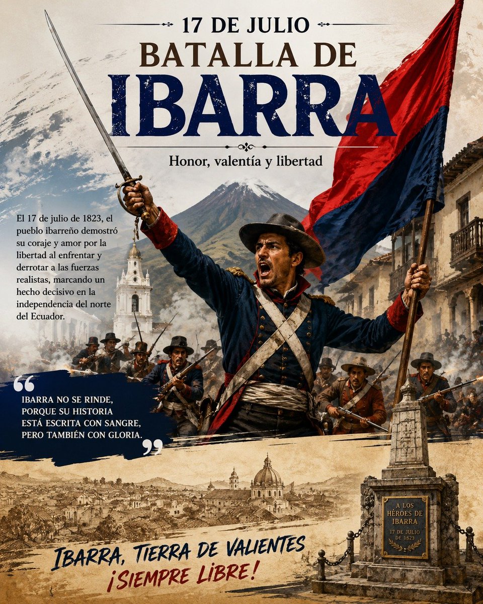 nandolopezm36's tweet photo. **17 de julio – Batalla de Ibarra 🇪🇨**

Hoy recordamos con orgullo la **Batalla de Ibarra**, librada el **17 de julio de 1823**, un acontecimiento histórico que consolidó la independencia del norte del Ecuador y reafirmó el anhelo de libertad de nuestro pueblo. https://t.co/OBAfnv9vKi