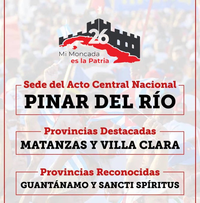 finanzasprecios's tweet photo. Muchas felicidades al pueblo de Pinar del Río por ser merecedores de la sede del Acto Central Nacional por el 26 de julio. 
Las felicitaciones también para las provincias seleccionadas destacadas y las reconocidas por los resultados del trabajo desarrollado.
#MiMoncadaEsLaPatria https://t.co/Eu0V3aphPe