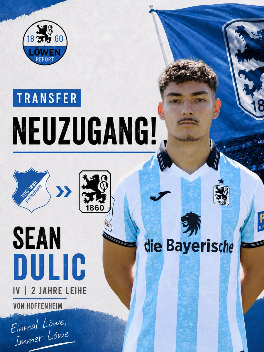 report1860's tweet photo. 🚨 OFFIZIELL! 🦁

Sean Dulic kehrt zurück nach Giesing! 💙

Der Innenverteidiger wechselt für zwei Jahre auf Leihbasis von der TSG Hoffenheim zum TSV 1860 München.

Nach Informationen von Löwen Report soll sich Dulic selbst für eine Rückkehr eingesetzt haben. Der Grund: Er gilt als großer Fan von Kulttrainer Rüdiger Rammel und wollte unbedingt wieder unter ihm spielen.

Willkommen zurück in Giesing, Sean! 👊
#rammel1860