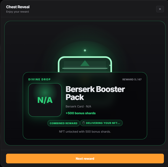 awesumone7's tweet photo. A community member just pulled a @Berserk_Game  #TCG #BoosterPack in his #ChestReveal on https://t.co/WQv7EGbFkY after completing one of the many quests that are interconnected with the many enjoyable games by @VulcanForged.

Shards won will earn him 🔥 $PYR 🔥 on top on monday💰 https://t.co/AX2UZqSDoC